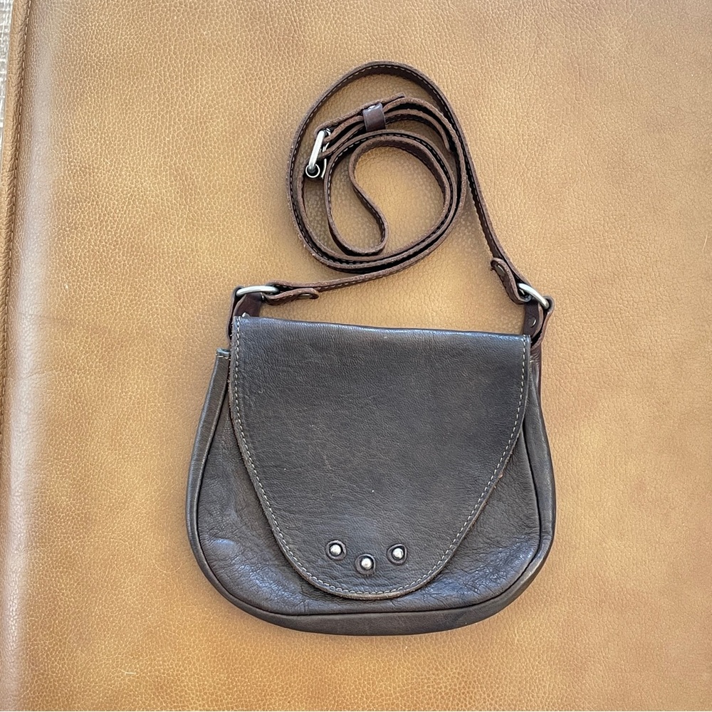 Vin Baker Brown Leather Crossbody Bag Front Flap Adjustable Length